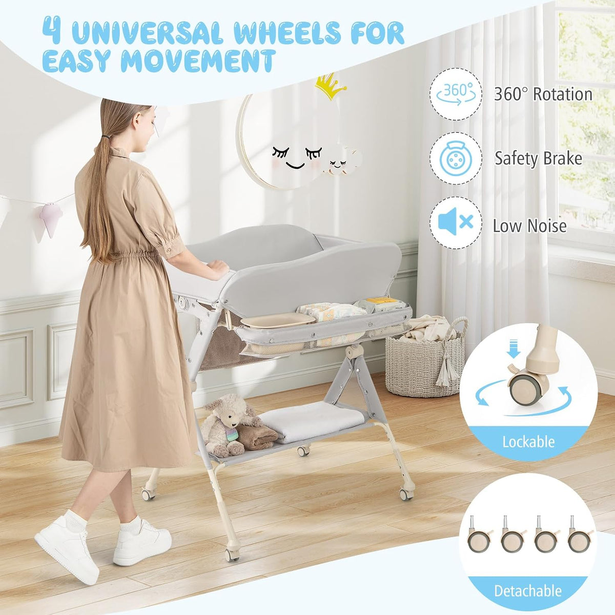 Portable Baby Changing Table, Foldable Diaper Changing Station w/Wheels, Adjustable Height, Large Storage Rack, Water Basin, Safety Belt, Mobile Nursery Organizer for Newborn Infant (Gray)