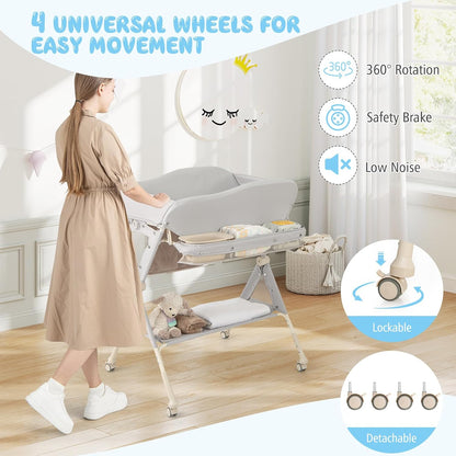 Portable Baby Changing Table, Foldable Diaper Changing Station w/Wheels, Adjustable Height, Large Storage Rack, Water Basin, Safety Belt, Mobile Nursery Organizer for Newborn Infant (Gray)