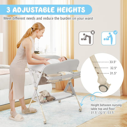 Portable Baby Changing Table, Foldable Diaper Changing Station w/Wheels, Adjustable Height, Large Storage Rack, Water Basin, Safety Belt, Mobile Nursery Organizer for Newborn Infant (Gray)