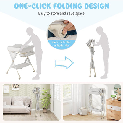 Portable Baby Changing Table, Foldable Diaper Changing Station w/Wheels, Adjustable Height, Large Storage Rack, Water Basin, Safety Belt, Mobile Nursery Organizer for Newborn Infant (Gray)