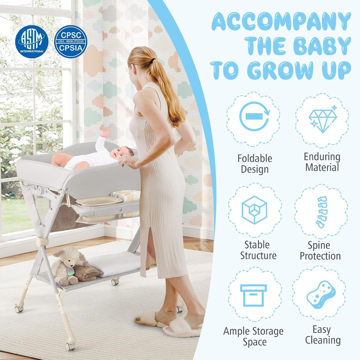 Portable Baby Changing Table, Foldable Diaper Changing Station w/Wheels, Adjustable Height, Large Storage Rack, Water Basin, Safety Belt, Mobile Nursery Organizer for Newborn Infant (Gray)