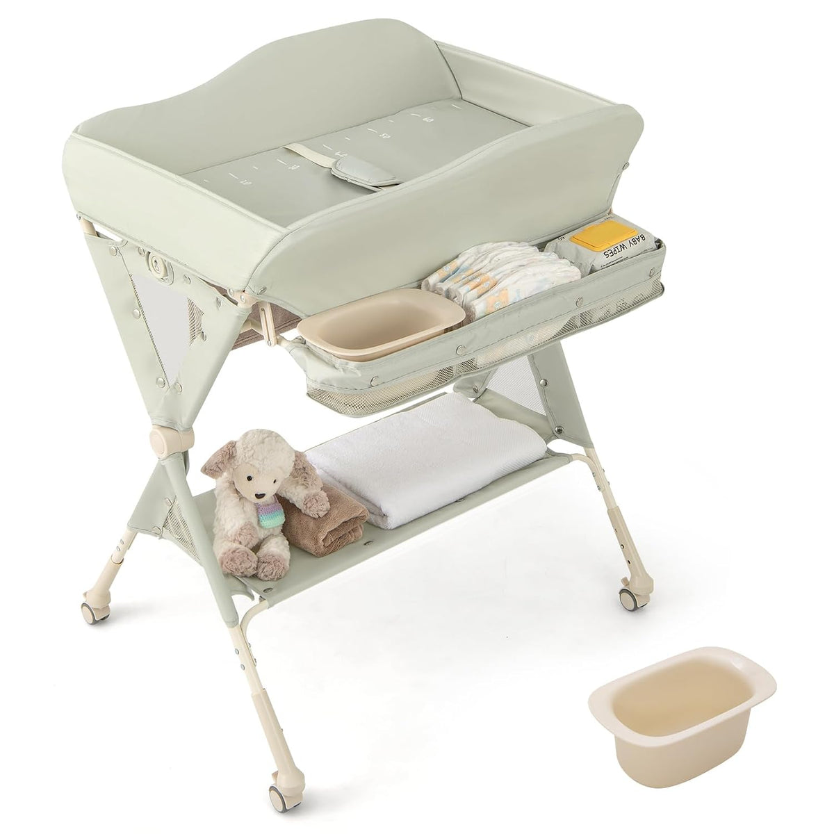 Portable Baby Changing Table, Foldable Diaper Changing Station w/Wheels, Adjustable Height, Large Storage Rack, Water Basin, Safety Belt, Mobile Nursery Organizer for Newborn Infant (Gray)
