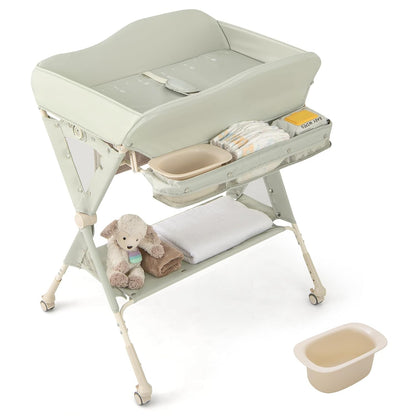 Portable Baby Changing Table, Foldable Diaper Changing Station w/Wheels, Adjustable Height, Large Storage Rack, Water Basin, Safety Belt, Mobile Nursery Organizer for Newborn Infant (Gray)