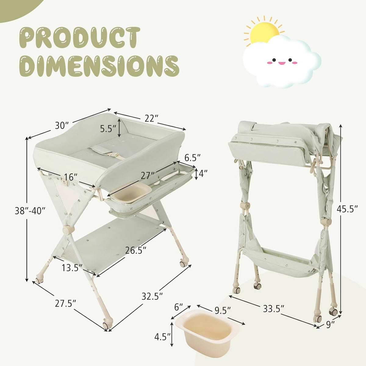 Portable Baby Changing Table, Foldable Diaper Changing Station w/Wheels, Adjustable Height, Large Storage Rack, Water Basin, Safety Belt, Mobile Nursery Organizer for Newborn Infant (Gray)