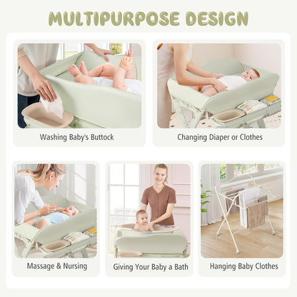 Portable Baby Changing Table, Foldable Diaper Changing Station w/Wheels, Adjustable Height, Large Storage Rack, Water Basin, Safety Belt, Mobile Nursery Organizer for Newborn Infant (Gray)