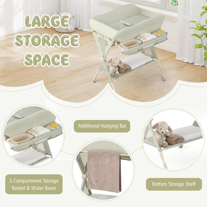Portable Baby Changing Table, Foldable Diaper Changing Station w/Wheels, Adjustable Height, Large Storage Rack, Water Basin, Safety Belt, Mobile Nursery Organizer for Newborn Infant (Gray)