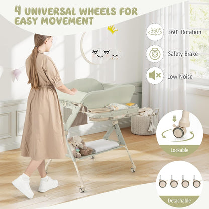 Portable Baby Changing Table, Foldable Diaper Changing Station w/Wheels, Adjustable Height, Large Storage Rack, Water Basin, Safety Belt, Mobile Nursery Organizer for Newborn Infant (Gray)