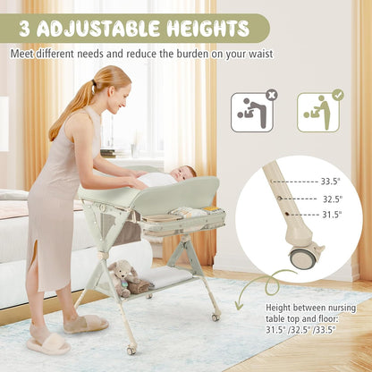 Portable Baby Changing Table, Foldable Diaper Changing Station w/Wheels, Adjustable Height, Large Storage Rack, Water Basin, Safety Belt, Mobile Nursery Organizer for Newborn Infant (Gray)