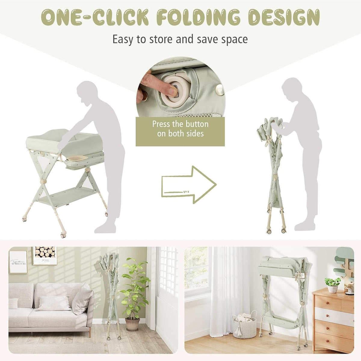 Portable Baby Changing Table, Foldable Diaper Changing Station w/Wheels, Adjustable Height, Large Storage Rack, Water Basin, Safety Belt, Mobile Nursery Organizer for Newborn Infant (Gray)