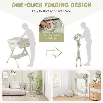 Portable Baby Changing Table, Foldable Diaper Changing Station w/Wheels, Adjustable Height, Large Storage Rack, Water Basin, Safety Belt, Mobile Nursery Organizer for Newborn Infant (Gray)