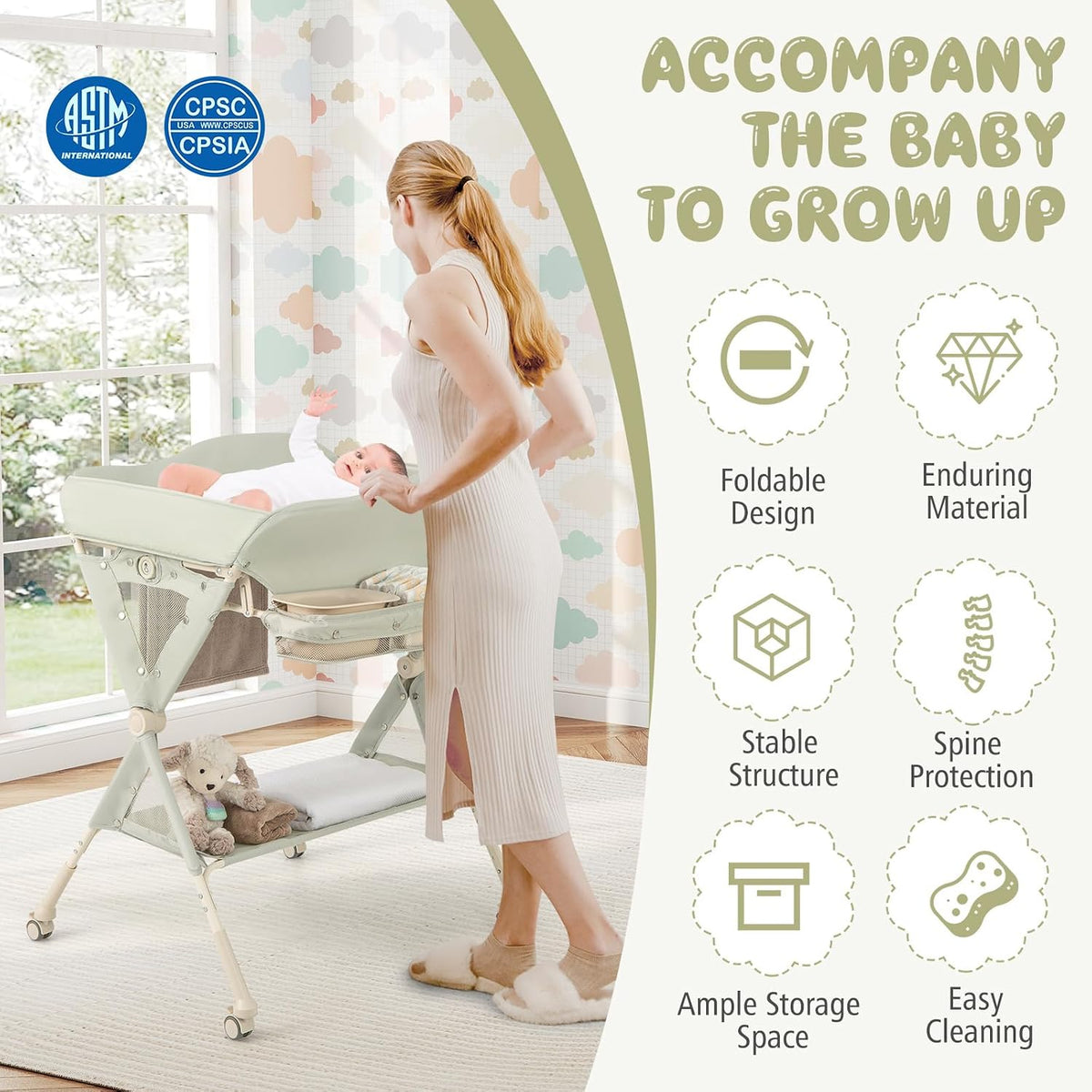 Portable Baby Changing Table, Foldable Diaper Changing Station w/Wheels, Adjustable Height, Large Storage Rack, Water Basin, Safety Belt, Mobile Nursery Organizer for Newborn Infant (Gray)