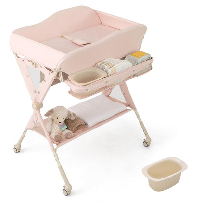 Portable Baby Changing Table, Foldable Diaper Changing Station w/Wheels, Adjustable Height, Large Storage Rack, Water Basin, Safety Belt, Mobile Nursery Organizer for Newborn Infant (Gray)