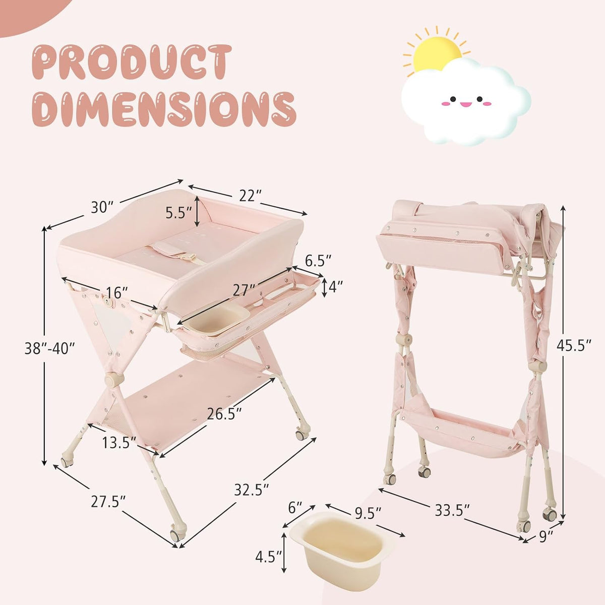 Portable Baby Changing Table, Foldable Diaper Changing Station w/Wheels, Adjustable Height, Large Storage Rack, Water Basin, Safety Belt, Mobile Nursery Organizer for Newborn Infant (Gray)