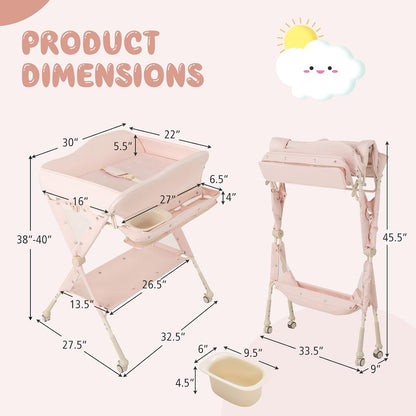 Portable Baby Changing Table, Foldable Diaper Changing Station w/Wheels, Adjustable Height, Large Storage Rack, Water Basin, Safety Belt, Mobile Nursery Organizer for Newborn Infant (Gray)