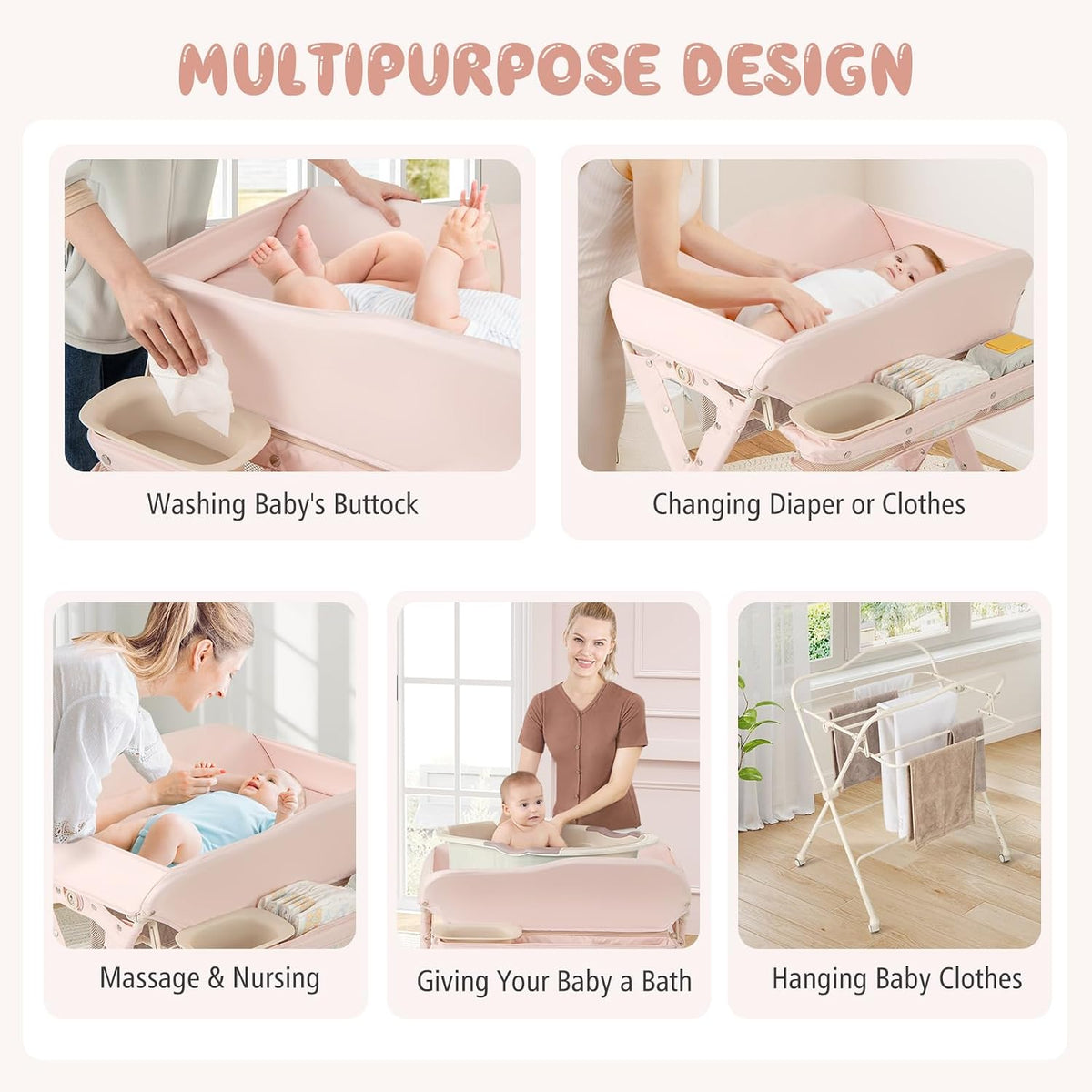 Portable Baby Changing Table, Foldable Diaper Changing Station w/Wheels, Adjustable Height, Large Storage Rack, Water Basin, Safety Belt, Mobile Nursery Organizer for Newborn Infant (Gray)