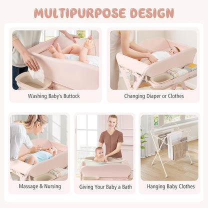 Portable Baby Changing Table, Foldable Diaper Changing Station w/Wheels, Adjustable Height, Large Storage Rack, Water Basin, Safety Belt, Mobile Nursery Organizer for Newborn Infant (Gray)