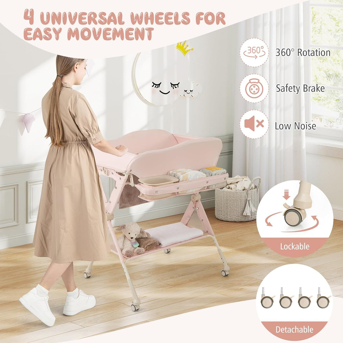 Portable Baby Changing Table, Foldable Diaper Changing Station w/Wheels, Adjustable Height, Large Storage Rack, Water Basin, Safety Belt, Mobile Nursery Organizer for Newborn Infant (Gray)