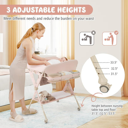 Portable Baby Changing Table, Foldable Diaper Changing Station w/Wheels, Adjustable Height, Large Storage Rack, Water Basin, Safety Belt, Mobile Nursery Organizer for Newborn Infant (Gray)