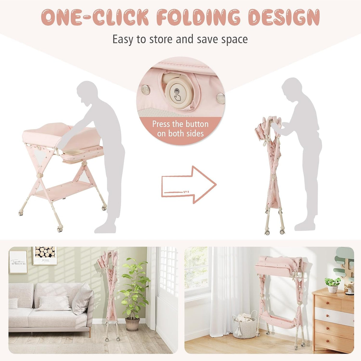 Portable Baby Changing Table, Foldable Diaper Changing Station w/Wheels, Adjustable Height, Large Storage Rack, Water Basin, Safety Belt, Mobile Nursery Organizer for Newborn Infant (Gray)