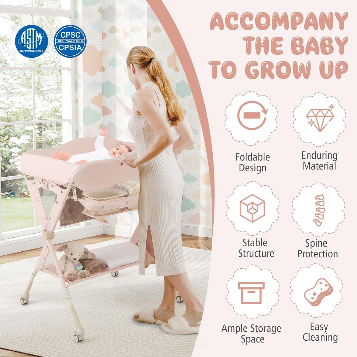 Portable Baby Changing Table, Foldable Diaper Changing Station w/Wheels, Adjustable Height, Large Storage Rack, Water Basin, Safety Belt, Mobile Nursery Organizer for Newborn Infant (Gray)