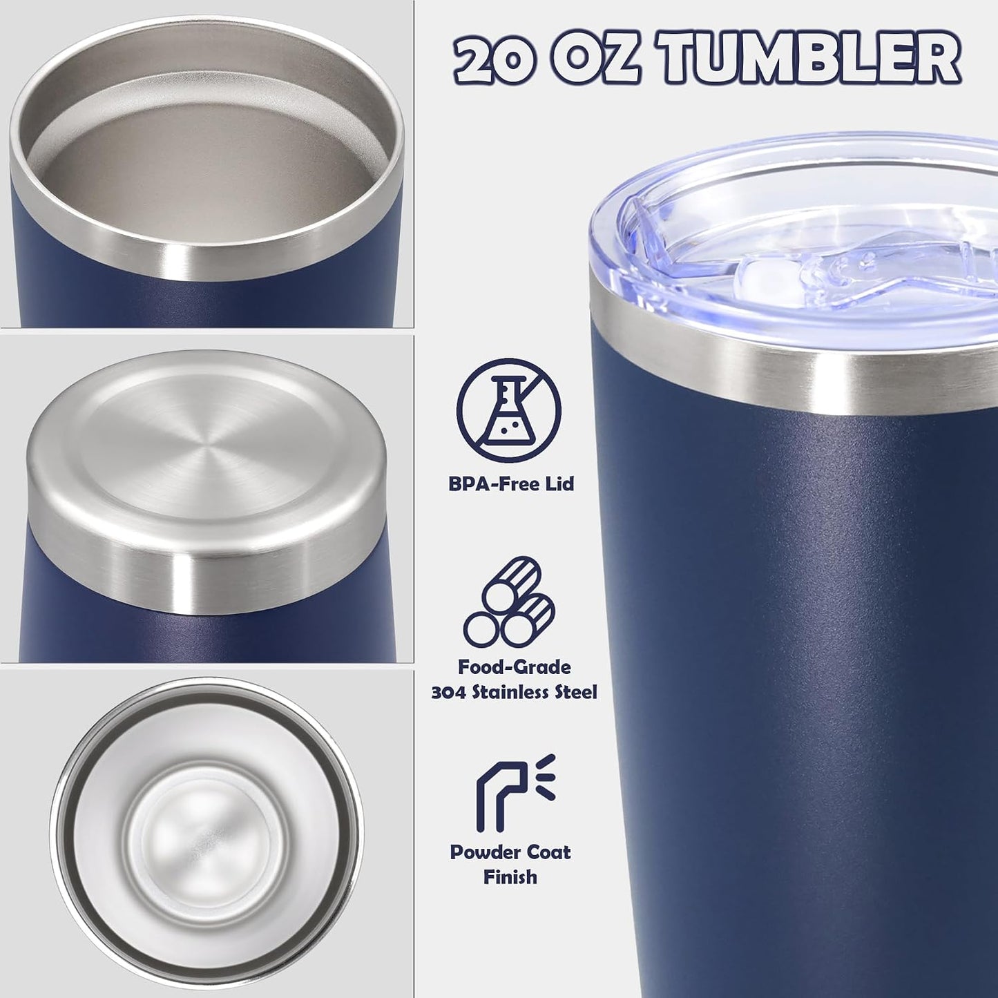 20oz Tumbler Stainless Steel Tumbler Coffee Tumbler with Lid Navy, 1P | Vacuum Insulated Double Wall Travel Mug, Durable Powder Coated Coffee Mug, For Hot & Cold Drinks