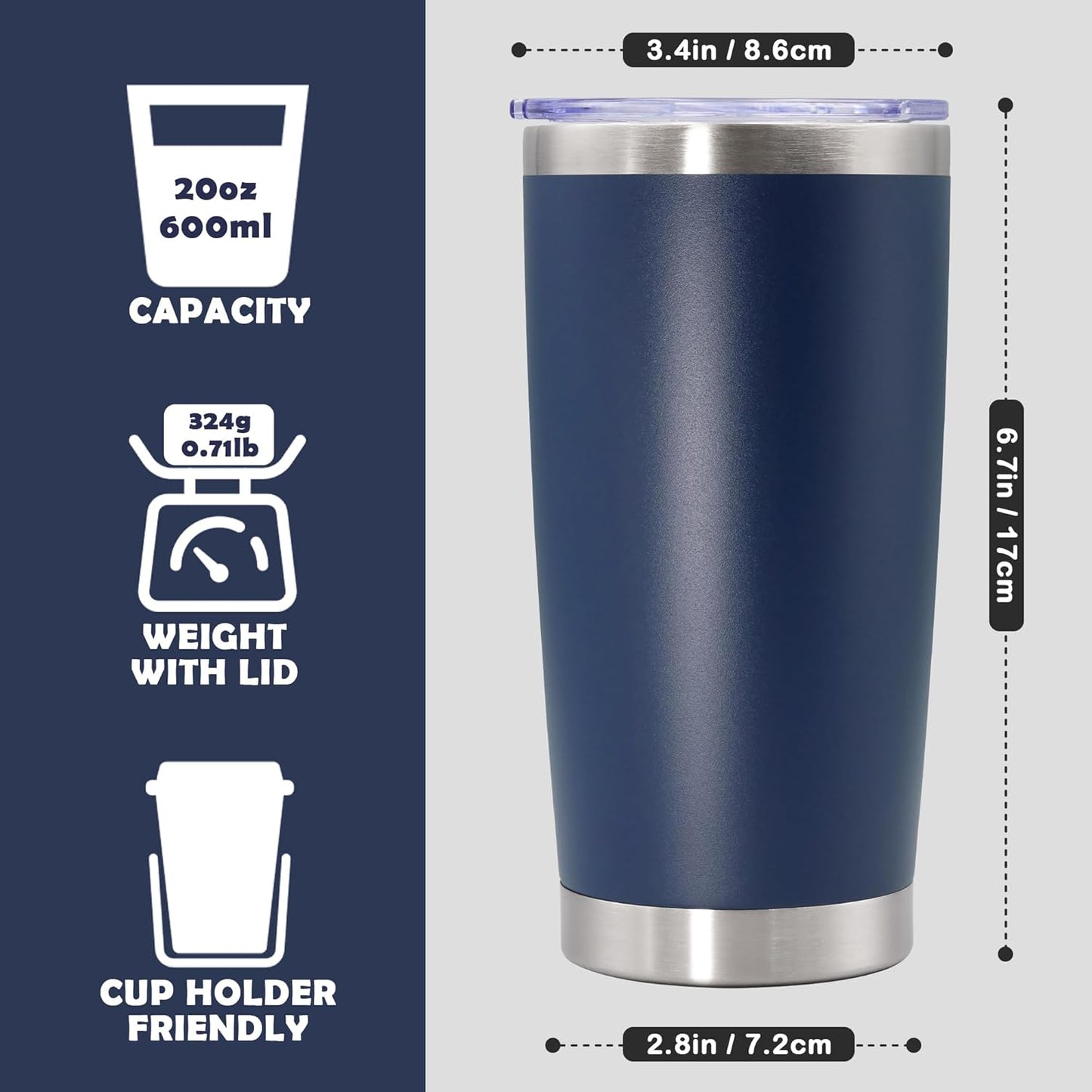 20oz Tumbler Stainless Steel Tumbler Coffee Tumbler with Lid Navy, 1P | Vacuum Insulated Double Wall Travel Mug, Durable Powder Coated Coffee Mug, For Hot & Cold Drinks