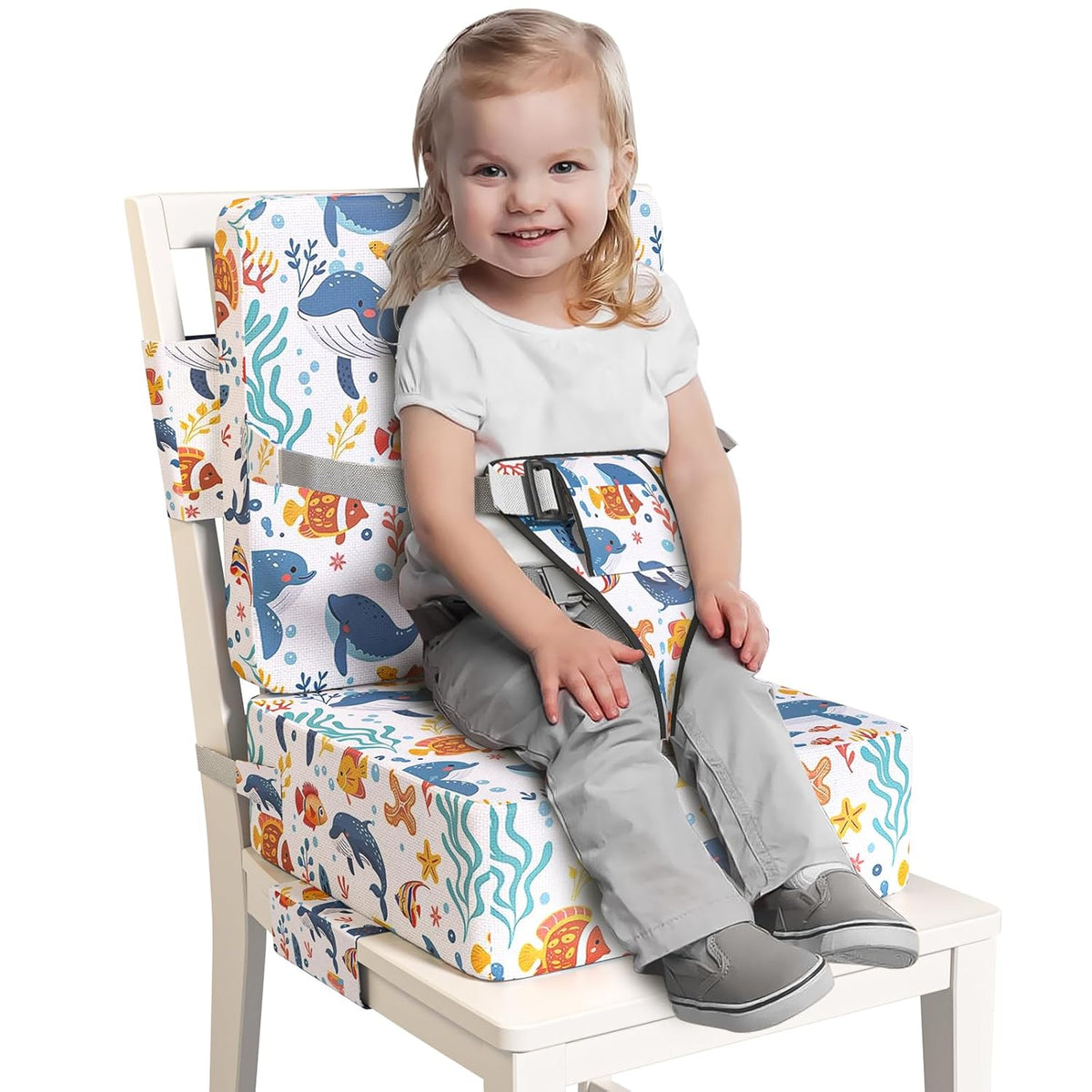 Booster Seat for Dining Table, Toddler Booster Seat for Dining Table with Safety Buckles, Anti-Scratch Easy Cleaning Toddler Seat for Table