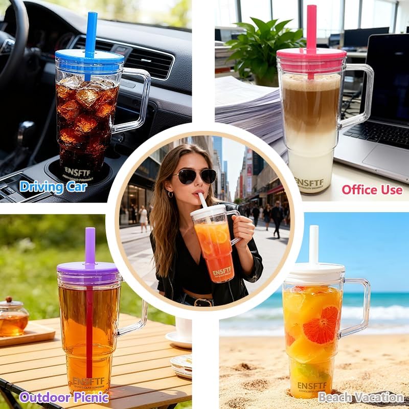 40oz Tumbler Handle&Straw Leakproof Travel Mug Cup Holder Friendly (red) | Large 40oz clear tumbler with handle & straw, tapered base fits cup holders. Durable BPA-free material, great for iced drinks