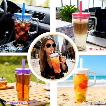 40oz Tumbler Handle&Straw Leakproof Travel Mug Cup Holder Friendly (red) | Large 40oz clear tumbler with handle & straw, tapered base fits cup holders. Durable BPA-free material, great for iced drinks