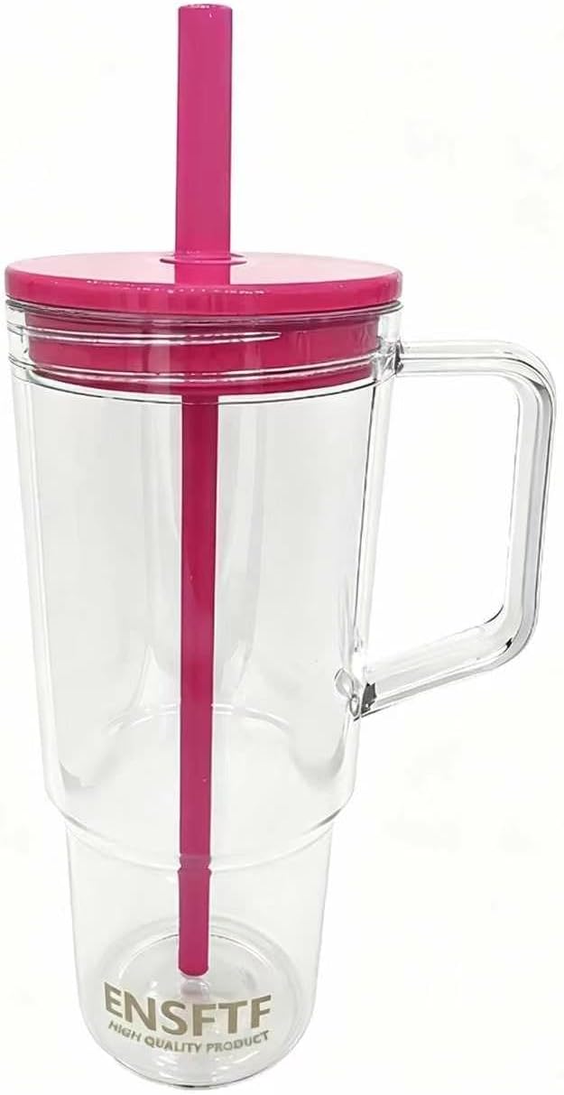 40oz Tumbler Handle&Straw Leakproof Travel Mug Cup Holder Friendly (red) | Large 40oz clear tumbler with handle & straw, tapered base fits cup holders. Durable BPA-free material, great for iced drinks