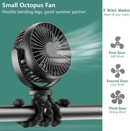 Mini Portable Stroller Fan, Battery Operated Small Clip on, Detachable 3 Speed Rechargeable, 360° Rotate Flexible Tripod Better Cooling for Car Seat Crib Treadmill Travel