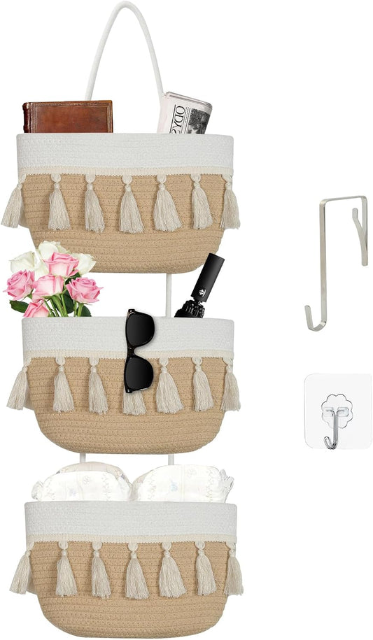 Over the Door Organizer Nursery - Cotton Boho Decor 3 Tier Wall Hanging Basket, Decorative Hanging Storage Organizer for Nursery Bathroom Bedroom Laundry Dorm Kitchen