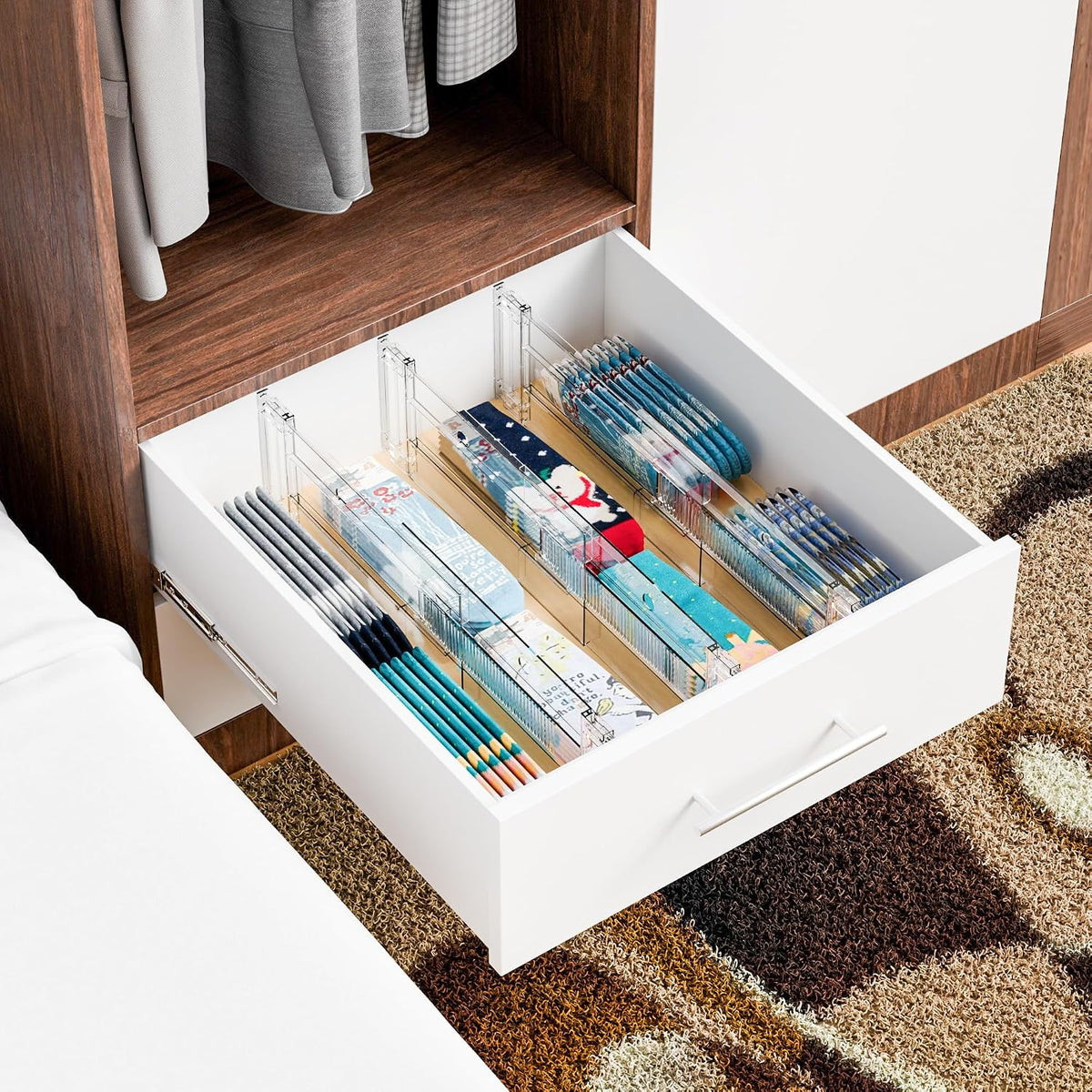 4 Pack Clear Acrylic Drawer Divider 6 Inch High,Expandable from 14-20'',Adjustable Dresser Drawer Dividers for Baby Clothing,Underwear and Sock,Separators,Deep Drawer Separators for Kitchen