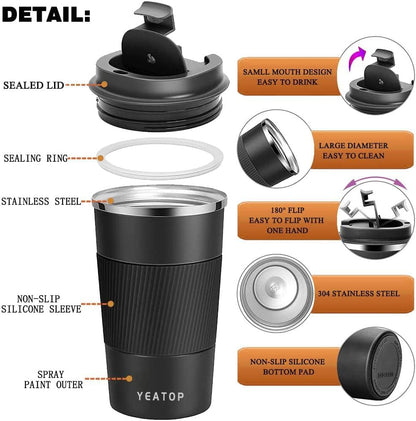 Coffee Mug 16oz - Insulated Travel Coffee Mug Spill Proof, Stainless Steel Vacuum Thermal Coffee Cup with Leakproof Lid Double Wall Coffee Tumbler for Hot/Iced Beverage -Black,510ml