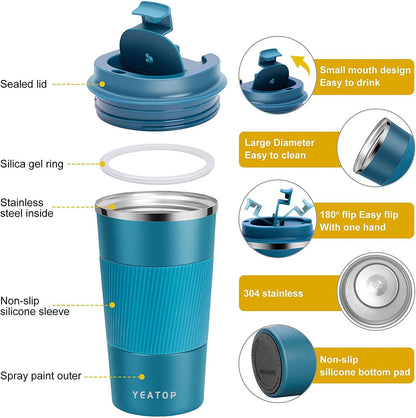 Coffee Mug 16oz - Insulated Travel Coffee Mug Spill Proof, Stainless Steel Vacuum Thermal Coffee Cup with Leakproof Lid Double Wall Coffee Tumbler for Hot/Iced Beverage -Black,510ml