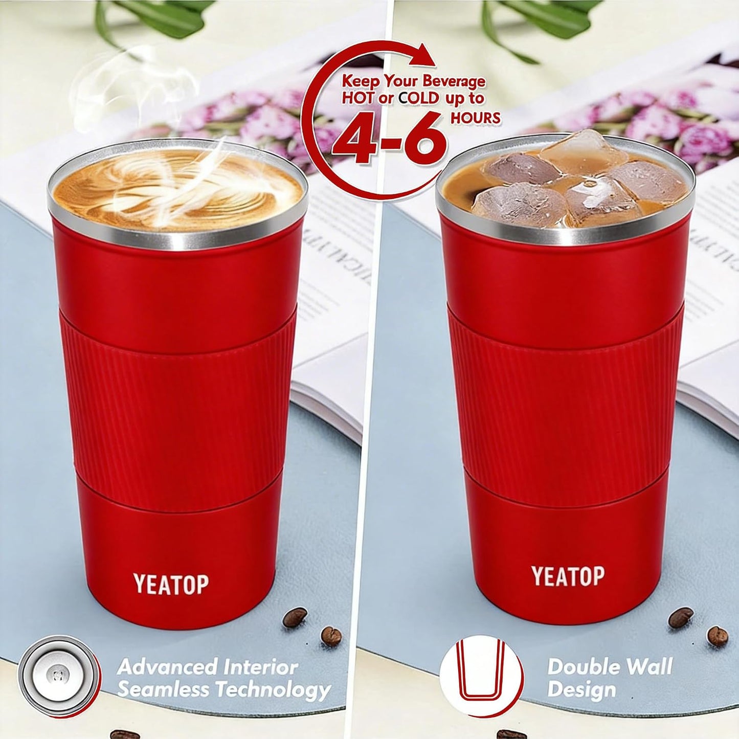 Coffee Mug 16oz - Insulated Travel Coffee Mug Spill Proof, Stainless Steel Vacuum Thermal Coffee Cup with Leakproof Lid Double Wall Coffee Tumbler for Hot/Iced Beverage -Black,510ml