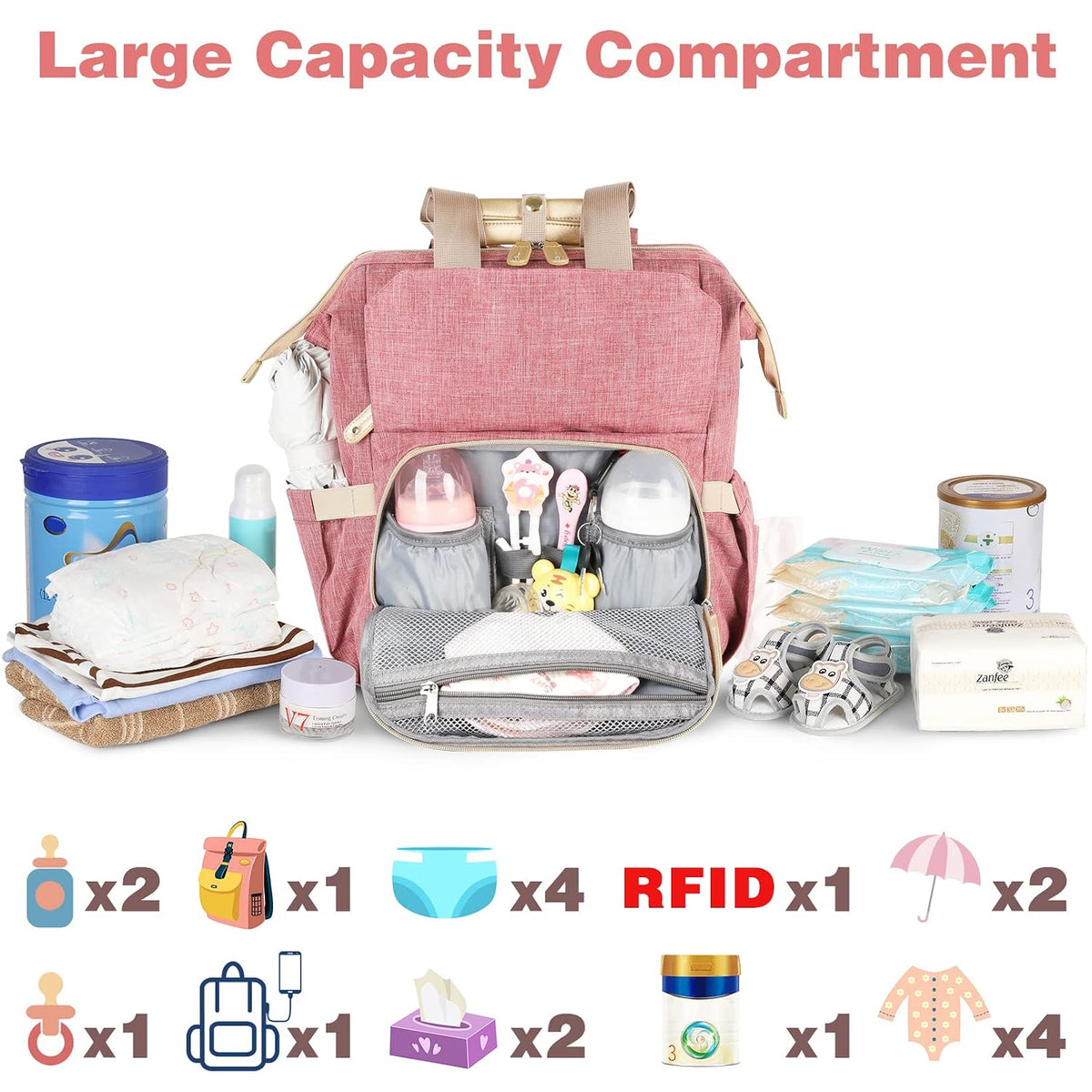 Diaper Bag Backpack, Pink Baby Girls Diaper Bag for Mom, Travel Baby Bags Backpack for Women, Insulated Pockets Portable toddler diaper bag, RFID Anti-Theft Pocket