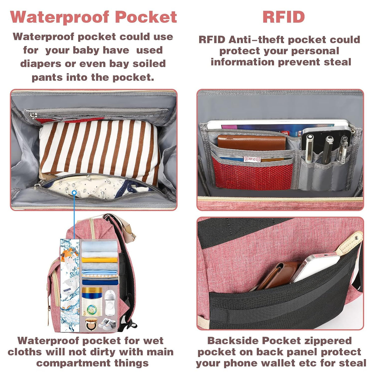 Diaper Bag Backpack, Pink Baby Girls Diaper Bag for Mom, Travel Baby Bags Backpack for Women, Insulated Pockets Portable toddler diaper bag, RFID Anti-Theft Pocket