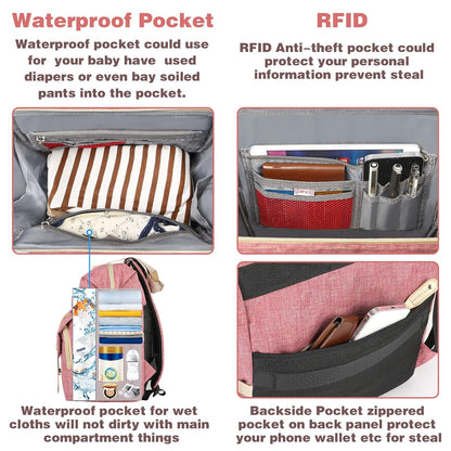 Diaper Bag Backpack, Pink Baby Girls Diaper Bag for Mom, Travel Baby Bags Backpack for Women, Insulated Pockets Portable toddler diaper bag, RFID Anti-Theft Pocket