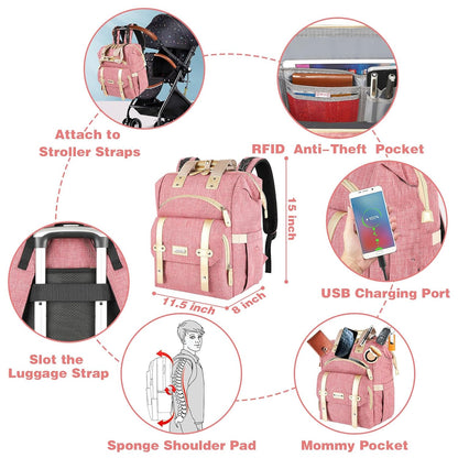 Diaper Bag Backpack, Pink Baby Girls Diaper Bag for Mom, Travel Baby Bags Backpack for Women, Insulated Pockets Portable toddler diaper bag, RFID Anti-Theft Pocket