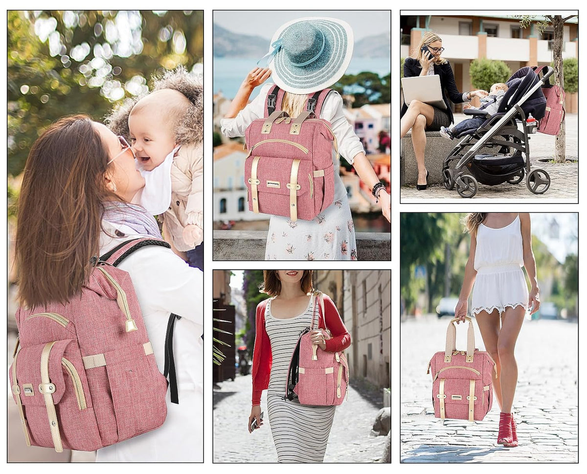 Diaper Bag Backpack, Pink Baby Girls Diaper Bag for Mom, Travel Baby Bags Backpack for Women, Insulated Pockets Portable toddler diaper bag, RFID Anti-Theft Pocket