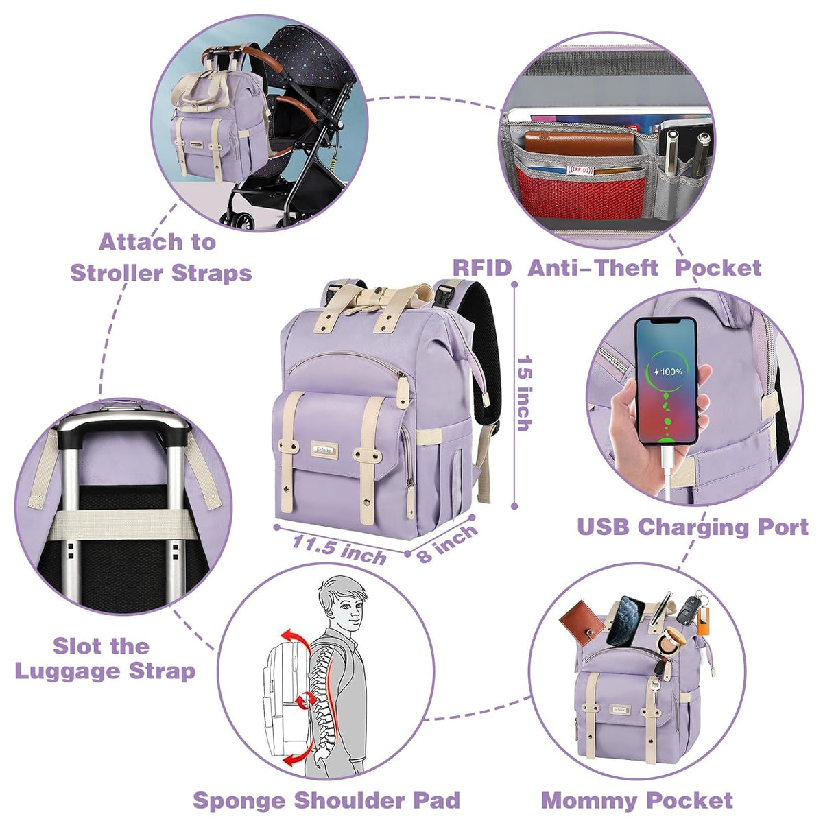 Diaper Bag Backpack, Pink Baby Girls Diaper Bag for Mom, Travel Baby Bags Backpack for Women, Insulated Pockets Portable toddler diaper bag, RFID Anti-Theft Pocket