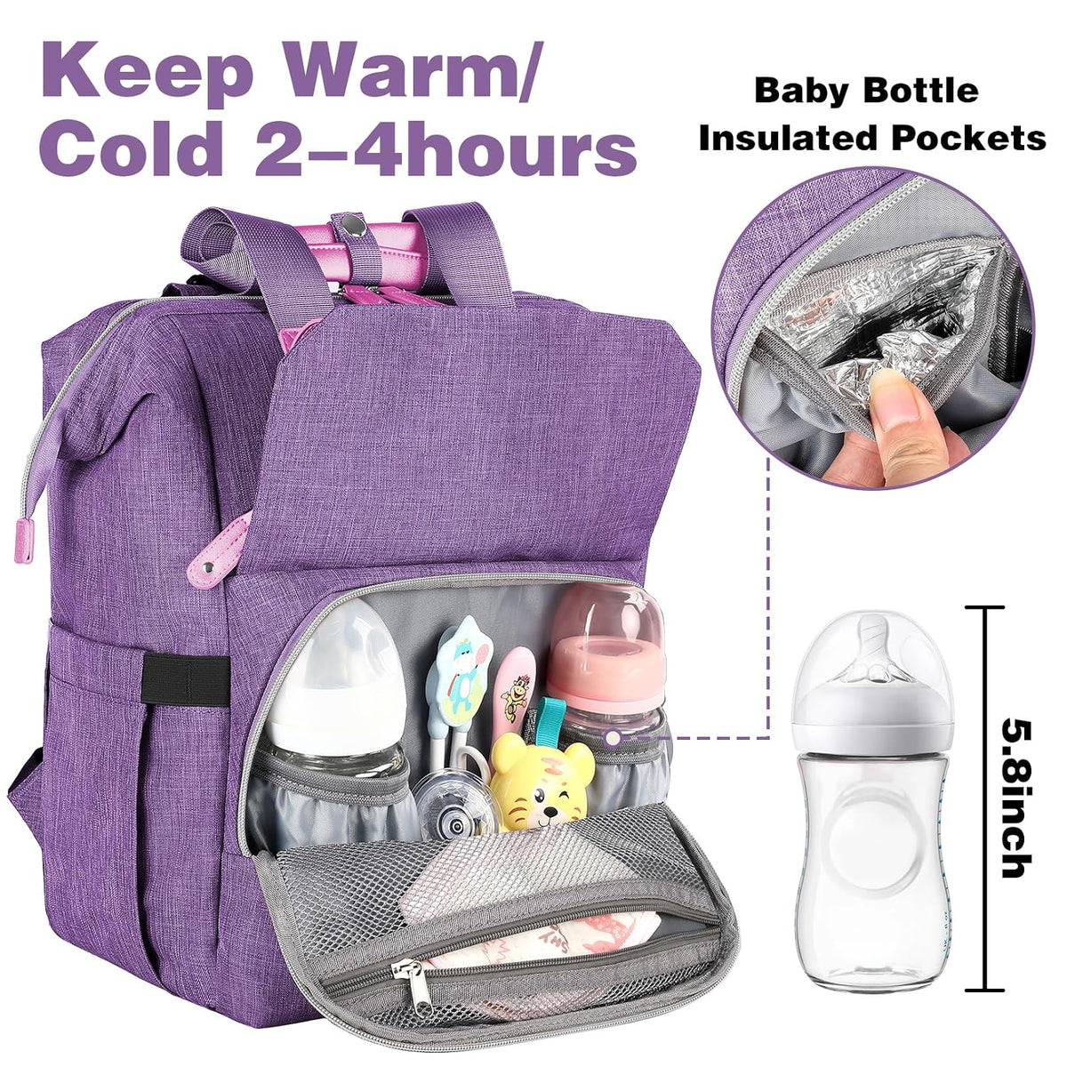 Diaper Bag Backpack, Pink Baby Girls Diaper Bag for Mom, Travel Baby Bags Backpack for Women, Insulated Pockets Portable toddler diaper bag, RFID Anti-Theft Pocket