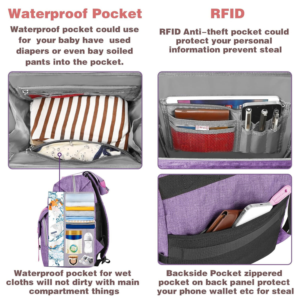 Diaper Bag Backpack, Pink Baby Girls Diaper Bag for Mom, Travel Baby Bags Backpack for Women, Insulated Pockets Portable toddler diaper bag, RFID Anti-Theft Pocket