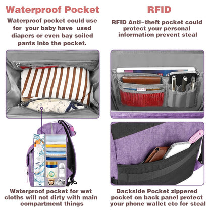 Diaper Bag Backpack, Pink Baby Girls Diaper Bag for Mom, Travel Baby Bags Backpack for Women, Insulated Pockets Portable toddler diaper bag, RFID Anti-Theft Pocket