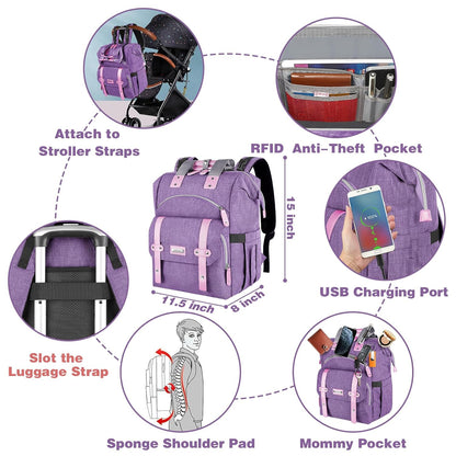 Diaper Bag Backpack, Pink Baby Girls Diaper Bag for Mom, Travel Baby Bags Backpack for Women, Insulated Pockets Portable toddler diaper bag, RFID Anti-Theft Pocket