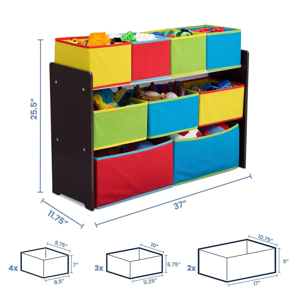 Deluxe Multi-Bin Toy Organizer with Storage Bins - Greenguard Gold Certified, White with Navy/Green/Pastel Bins