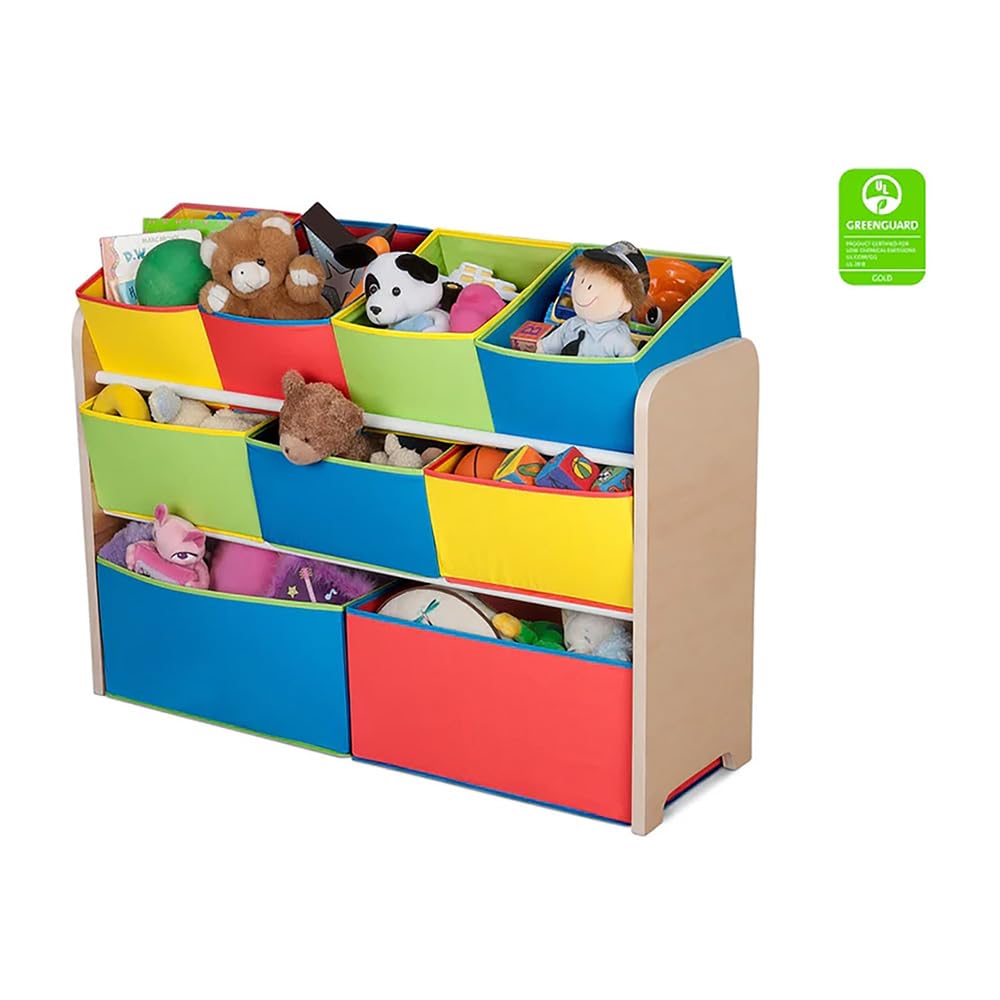 Deluxe Multi-Bin Toy Organizer with Storage Bins - Greenguard Gold Certified, White with Navy/Green/Pastel Bins