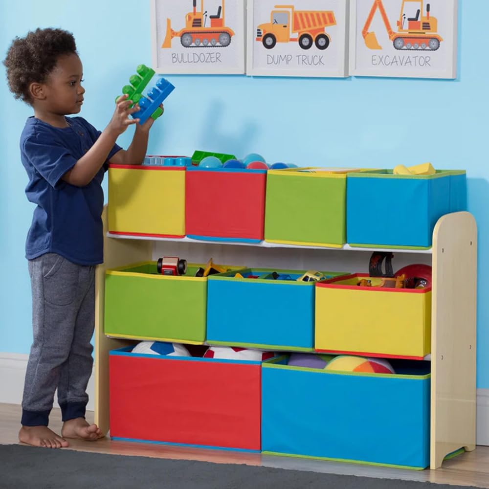 Deluxe Multi-Bin Toy Organizer with Storage Bins - Greenguard Gold Certified, White with Navy/Green/Pastel Bins