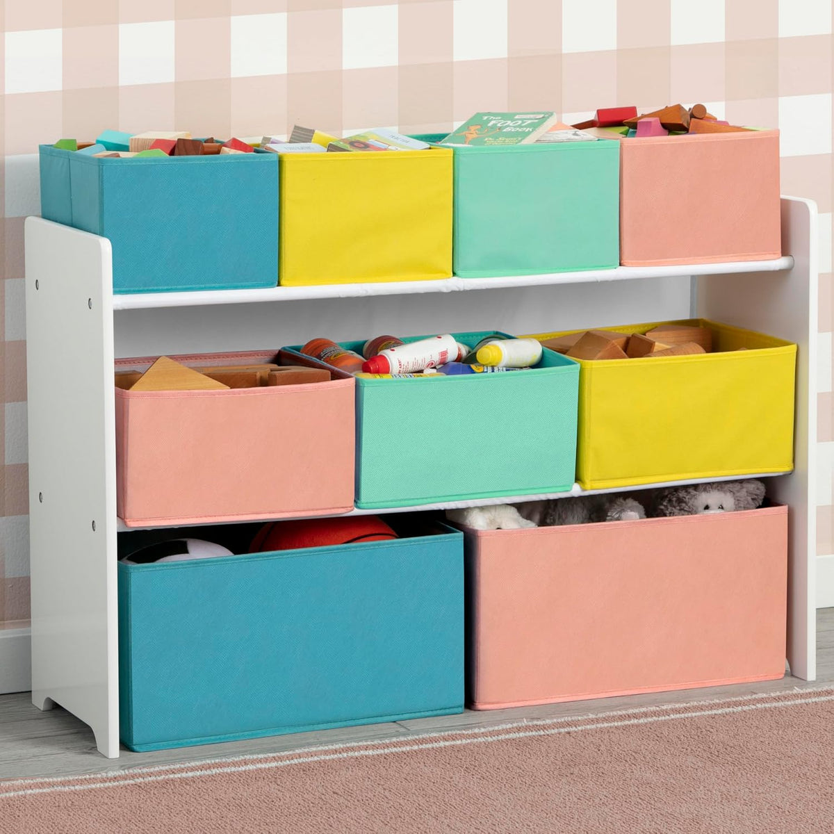 Deluxe Multi-Bin Toy Organizer with Storage Bins - Greenguard Gold Certified, White with Navy/Green/Pastel Bins
